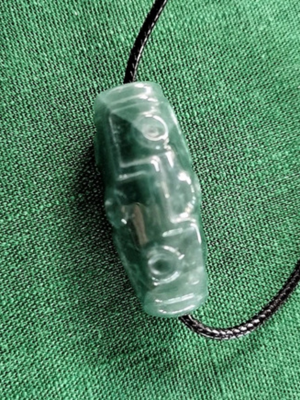 Jadeite Carved Eye Barrel Green Pendant Accent Black Necklace
